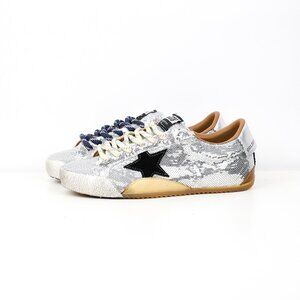 Golden Goose White Sequin Sneakers with Black Star Pattern